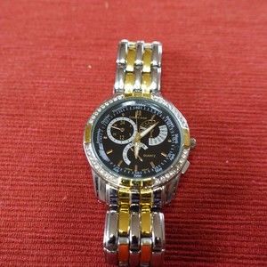 Cote D'Azur Men's Two Toned Gold Link CZ Bezel Analog Quartz Watch